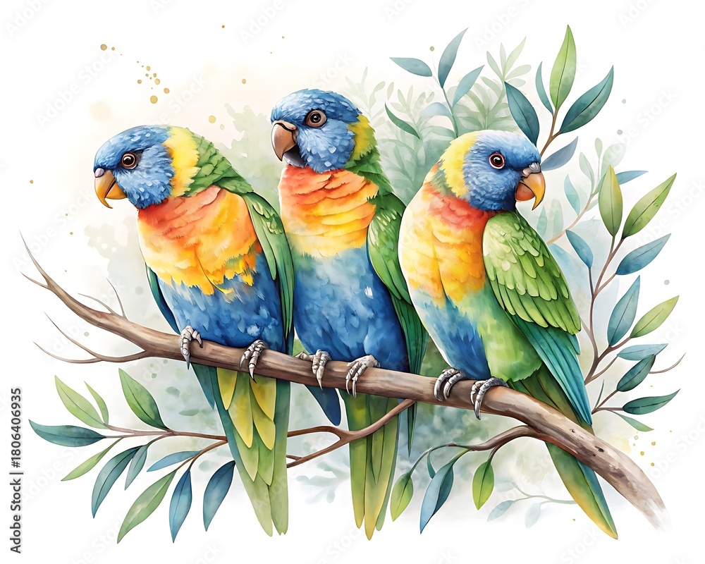 Obraz premium Three colorful lorikeets perched on a branch with soft foliage background