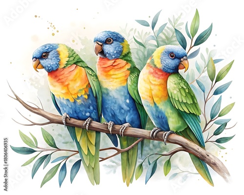 Three colorful lorikeets perched on a branch with soft foliage background