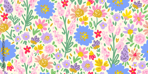 A delicate floral vector seamless pattern. Bright meadow flowers on a light background. Suitable for fabric prints, textiles, summer clothing. Springtime.