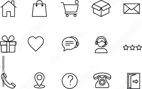 A collection of 15 line art icons depicting various aspects including online shopping, communication, support, gift box, heart, customer service agent and related concepts in black and white. 