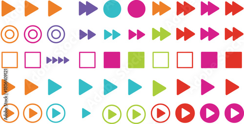 Collection of colorful play pause rewind and fast forward icons for digital interfaces