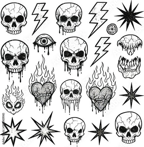 Silhouette set of various skulls, hearts on fire, lightning bolts, an all-seeing eye with dripping blood and star burst. Collection of hand drawn chalk skull doodles, uneven strokes, seamless pattern.