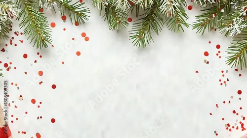 Christmas background with red and white wrapping paper, gifts, pine cones, holly berries, christmas decorations, on light grey stone table, flat lay, top view