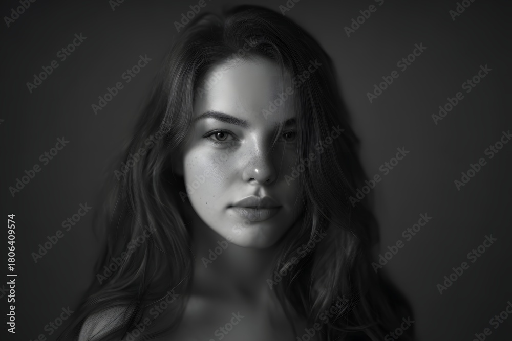 Fototapeta premium Monochrome portrait of a woman with long wavy hair in front of a dark background