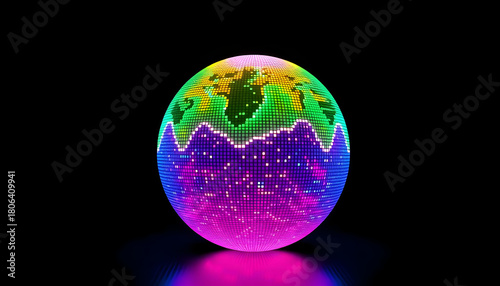 Bright 3D sphere with wavy pixelated surface on black background. Abstract concept of sound waves, artificial intelligence (AI) or big data. Looped 4K video of vibrant color digital music equalizer