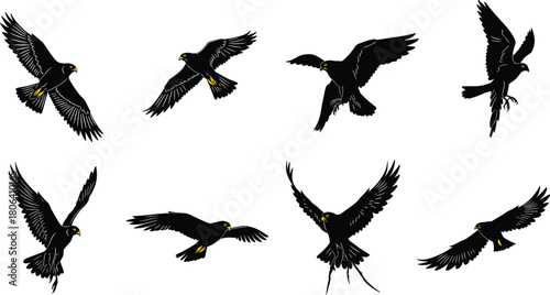 Flying bird icon set, silhouette birds with yellow accents in dynamic flight poses, black and white illustration, wildlife, nature, vector grid