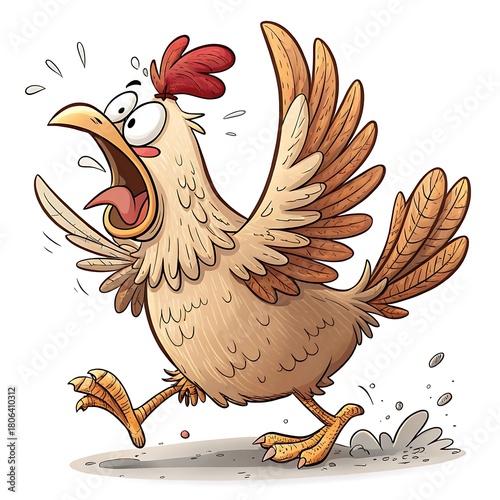 Cartoon chicken running with mouth open and wings spread in panic