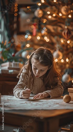 Christmas Letter Dreamer: A young girl, lost in thought, pens a heartfelt letter amidst the twinkling lights of a beautifully adorned Christmas tree.