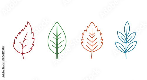 A collection of four uniquely colored and styled leaf line art illustrations