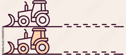 Two tractor icons plowing fields simple line art vector illustration for agriculture and farming concepts isolated on a light background