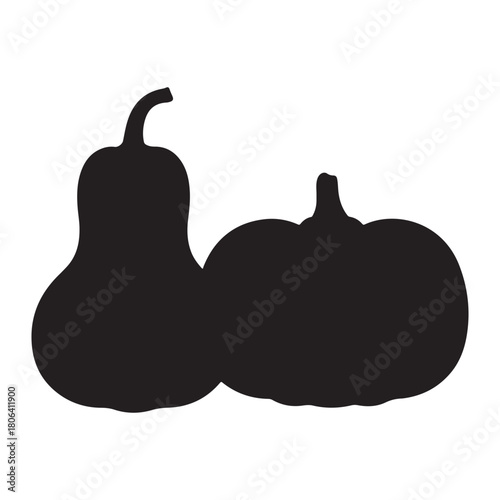  Two distinct gourds and a pumpkin in a stark black silhouette against a white background silhouette