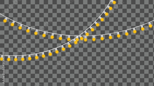 Festive glowing string lights decoration element on transparent