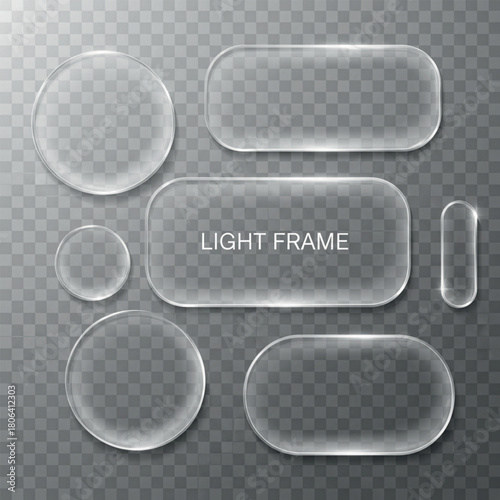 Collection of transparent glass shapes with light effects on checkered background frame button