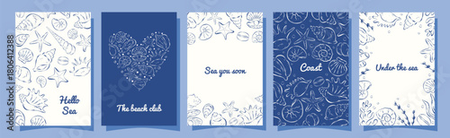 Set of summer nautical vertical cards with typography. Hand drawn seashells, algae, bubbles in italian sketch style. Flat vector illustration. Trendy template for poster, invitation, cover