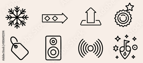 Set of minimalist line icons including snowflake arrow speaker and music note simple vector design elements for web and mobile apps