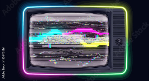 Retro television with static screen and neon frame, evoking nostalgia, vintage technology, and the era of analog broadcasting