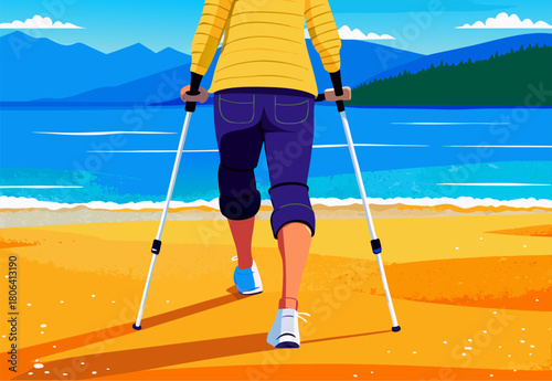 Person with Knee Brace and Crutches Walks on Sandy Beach