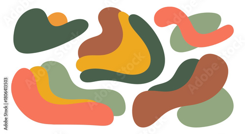 Collection of abstract organic fluid shapes in earthy and natural color palette, including green, orange, brown, and yellow, creating a modern and artistic design element