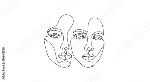 Minimalist continuous line art drawing of two abstract female faces, side by side, representing connection, beauty, and modern artistic expression