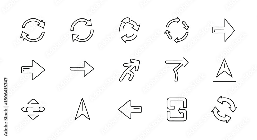 Fototapeta premium Diverse collection of line art arrow icons, featuring various directional indicators, rotation symbols, and navigation elements, suitable for user interface and graphic design