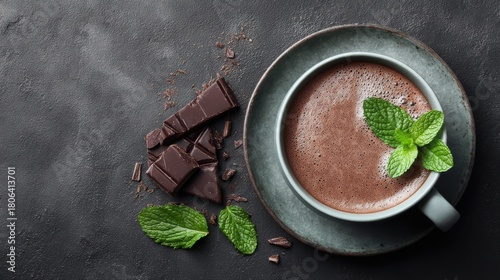 Delicious hot chocolate with mint and dark chocolate on a dark background