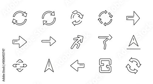 Diverse collection of line art arrow icons, featuring various directional indicators, rotation symbols, and navigation elements, suitable for user interface and graphic design