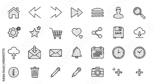 User Interface Icon Set – 30 Black Line Symbols on Light Gray Background
