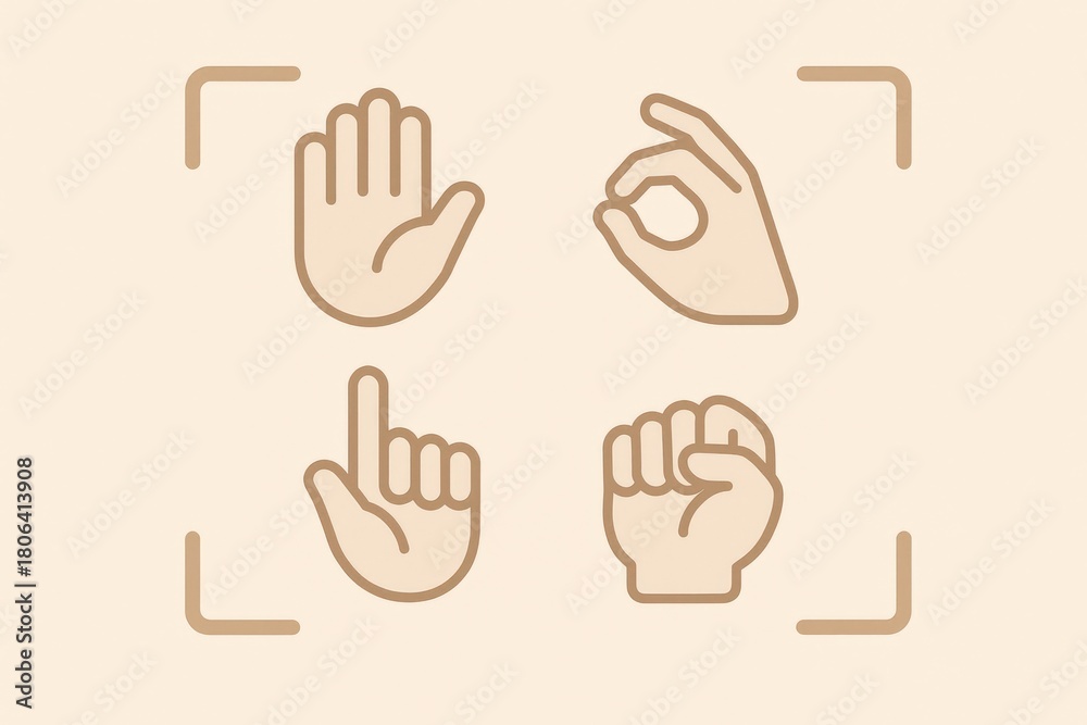 Fototapeta premium Minimalistic hand gestures illustrating communication concepts including peace sign, approval, direction, and strength creating a visual language of expression and intent