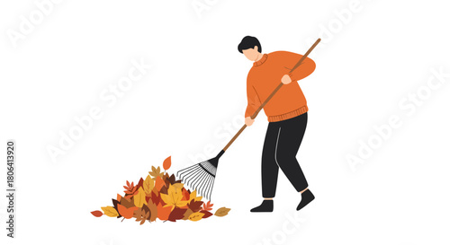 Person Raking Leaves in Autumn Seasonal Outdoor Activity Depicted with Rake and Colorful Foliage, Fall Season