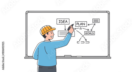 Architect Sketching a Business Plan on a Whiteboard Ideas, Plans, and Goals - Visualization Concept