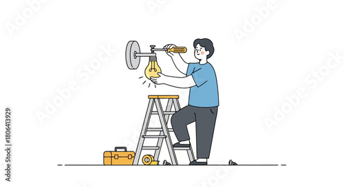 A person standing on a ladder changing a lightbulb in a wall fixture, with a toolbox nearby, illustrating a DIY home repair or maintenance task