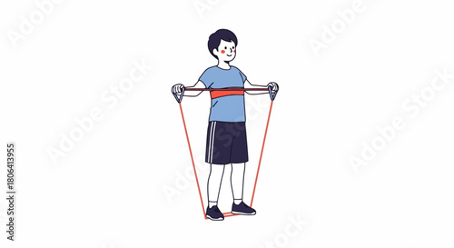 Dynamic illustration depicting a focused person utilizing a resistance band for effective upper body strength training, ideal for home workouts and maintaining physical fitness and well-being