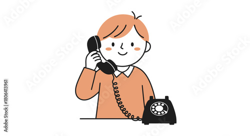 Illustration of a person with orange hair holding a black retro telephone receiver and speaking, on a white background