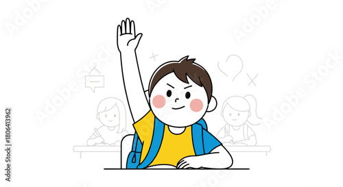 An inquisitive young student with a backpack raises their hand in a classroom setting, eager to answer a question