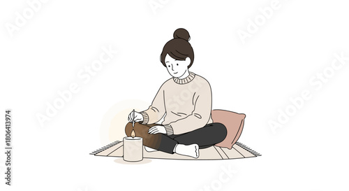 Cozy Woman Lighting a Candle on a Rug Serene Indoor Scene Illustration