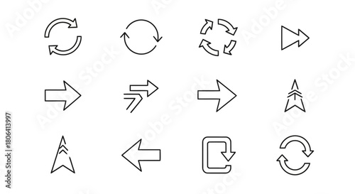 Collection of outline arrow icons representing various actions such as refresh, rotate, forward, play, next, upload, download, directional movement, suitable for user interface and web design