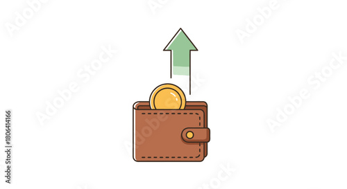 Wallet with a coin and an upward arrow indicating financial growth and increase in savings, representing wealth accumulation and financial success, business concept
