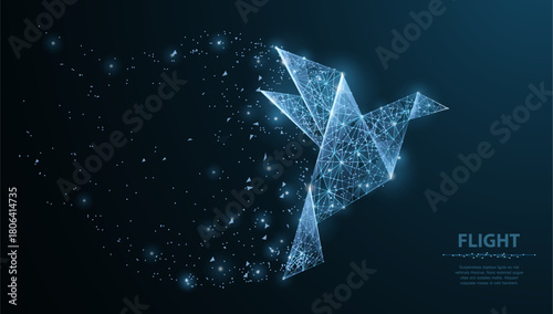 Abstract origami paper bird. Polygonal wireframe mesh looks like constellation on dark blue night sky with dots and stars. Asia, japan art, origami, peace concept illustration or background

