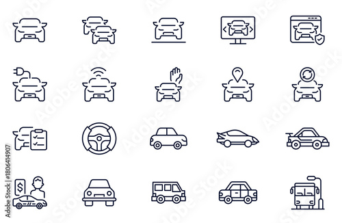Automotive ECommerce web line icon set. Vehicle Parts, Elite Garage, Automotive Tools, Auto Care, Car Electronics, Vehicle Maintenance.
