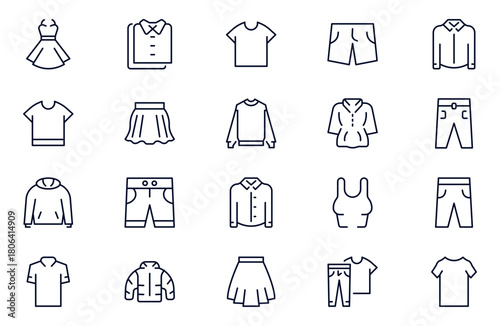 Clothes web outline icons set. Fashion icons. T-shirt, Pants, Jacket, Dress, Short, Shoe, Shirt symbols. vector illustrations.