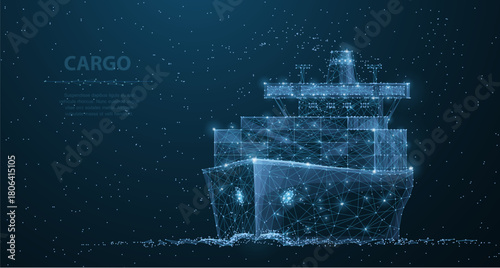 Worldwide cargo ship. Polygonal wireframe mesh art looks like constellation on dark blue night sky with dots and stars. Transportation, logistic, shipping concept illustration or background

