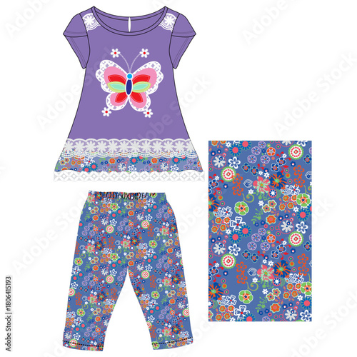 girls frocks with leggings butterfly chicken fabric illustration 
