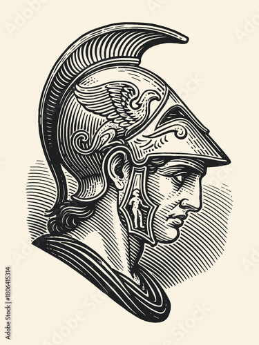 Ancient warrior profile in helmet engraving vector illustration
