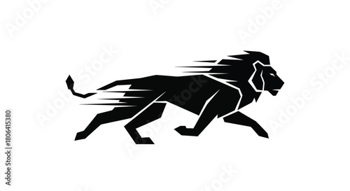 Black lion running with motion blur effect on white background.