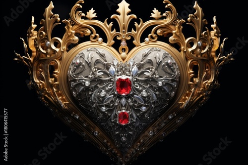 Luxurious regal heart shaped crown adorned with red gemstones and sparkling diamonds on black