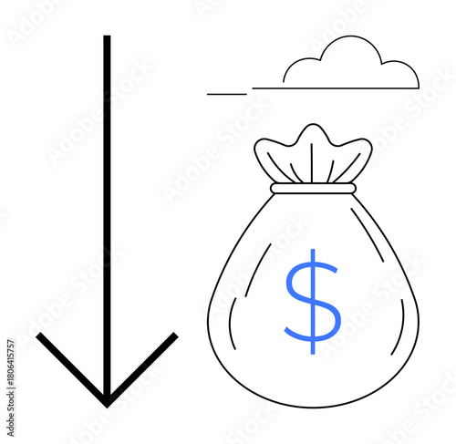 Downward arrow beside a money bag with a dollar sign, highlighting financial loss or budget cuts. Ideal for finance, economy, profit, investment, risk, savings trade. Simple flat metaphor