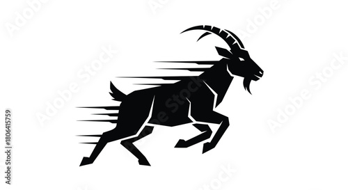 Silhouette of a black goat with large horns running with speed lines, isolated on white.