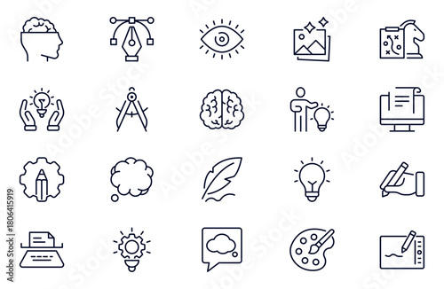creativity line icons set. Contains icons idea, brainstorm, thought, quick tips, inspiration, teamwork and more.