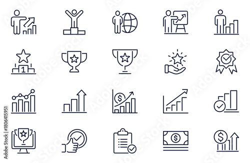 Growth and Success Icons set. Vector illustration in modern thin line style of business icons: personal, professional, and financial growth, progress, career. Pictograms and infographic