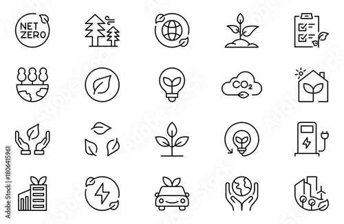 Net Zero line icons set. Net Zero outline icons with editable stroke collection. Includes Carbon footprint, CO2 neutral, net zero, Solar Energy, Wind Power, Renewable Energy and More.